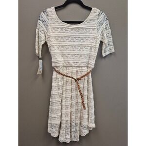 Rewind Women's Medium Lace Dress Cream Boho Cottagecore Belted Fit Flare NWT M